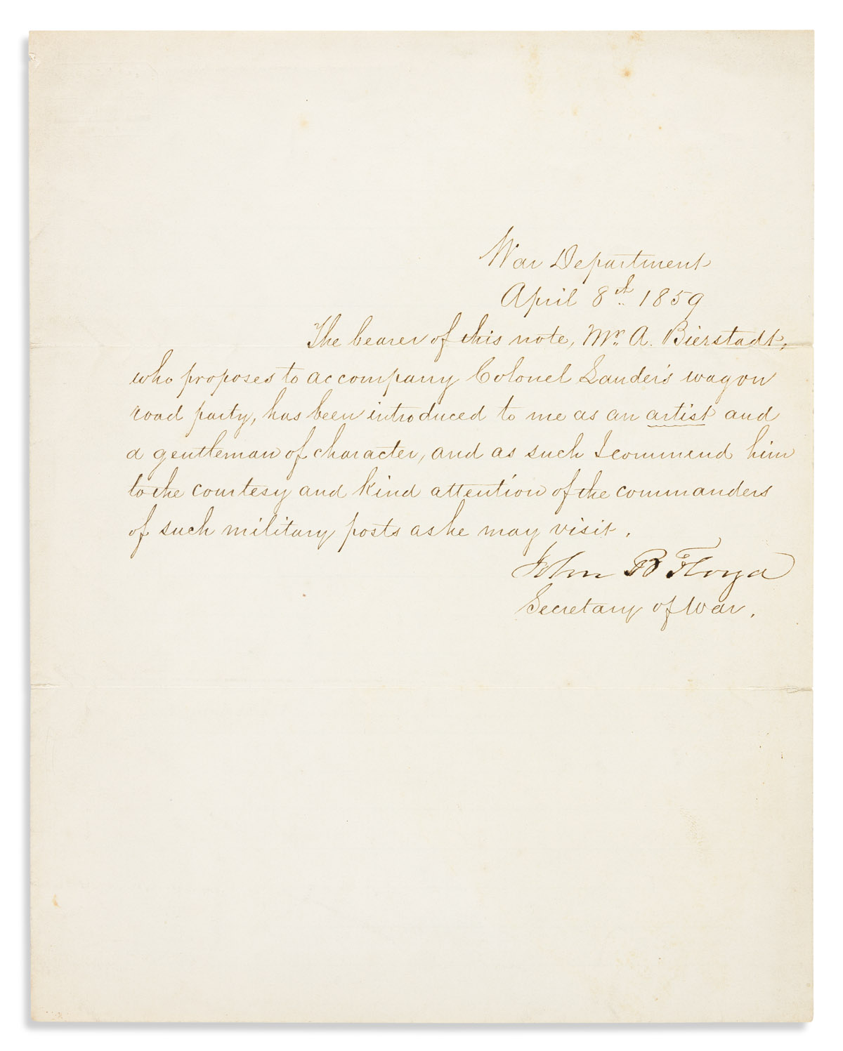 (ART.) John B. Floyd. Letter of recommendation for the painter Albert Bierstadt to bring on his first Western trip.